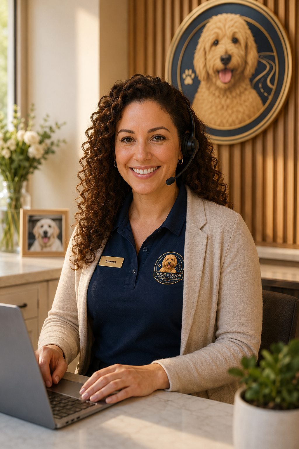 Emma, the Door To Door Pet Delivery AI Pet Travel Concierge, smiling at a laptop with a headset and the company logo on her polo.