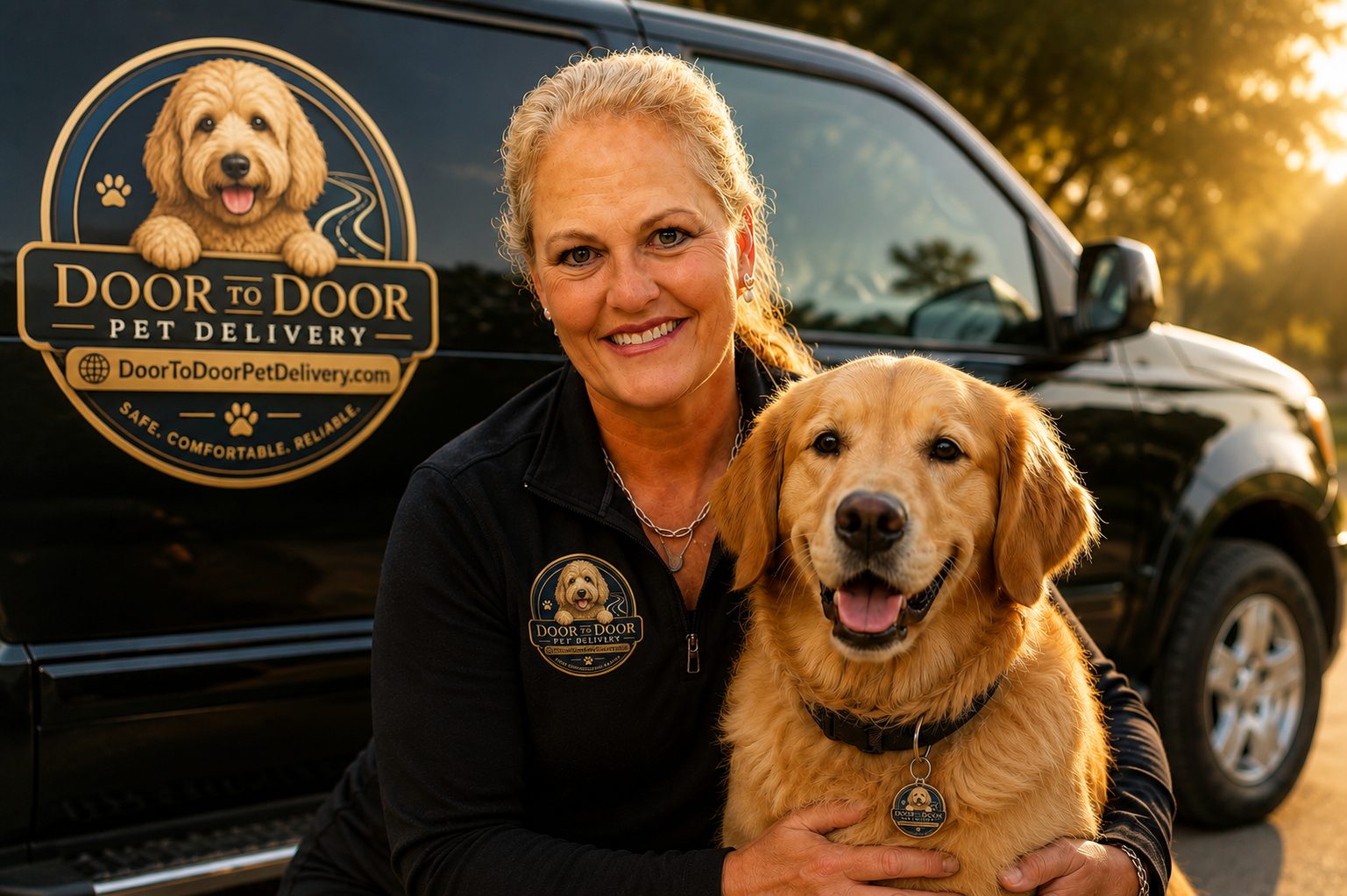 Rachel Carey, founder of Door To Door Pet Delivery, smiling with a golden retriever in front of the branded company van.